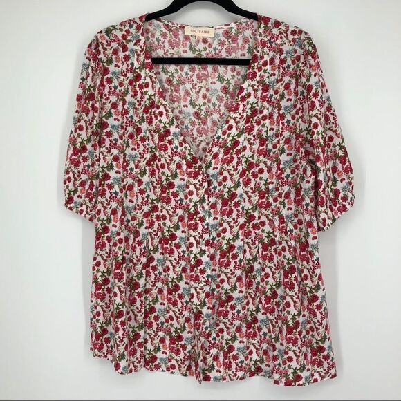 🆕‎ SOLITAIRE Floral Print Pleated SS Button Down - Picture 1 of 8